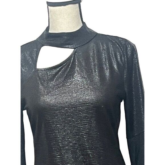 Halogen Women’s Metallic Cutout Mock Neck Top in Rich Black, Sz. S - Picture 2 of 12